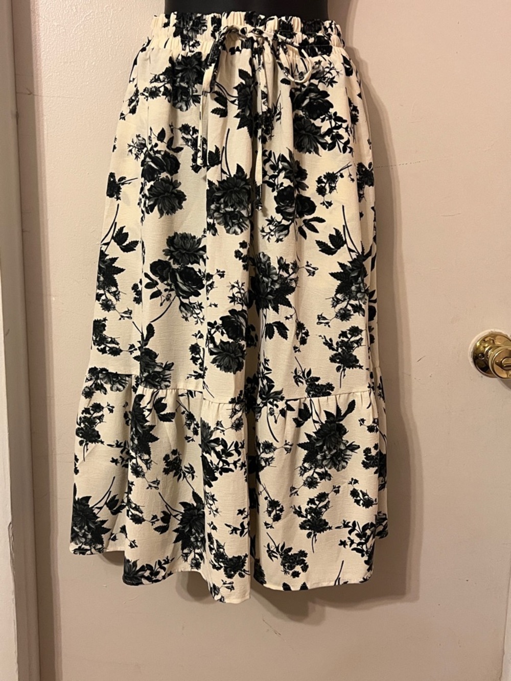 Black Floral Midi Skirt - Tiered Drawstring Waist